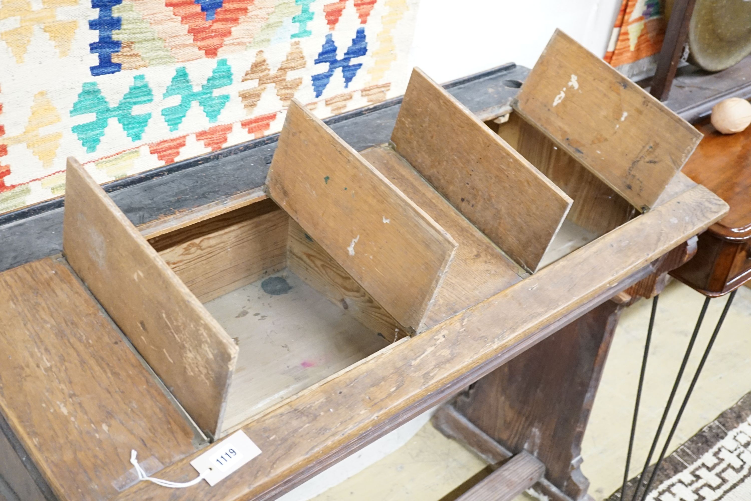 A Victorian oak and pine double school desk, width 120cm, height 98cm